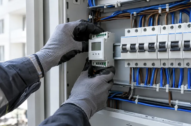 Električar ugrađuje brojilo za punjač u ormar zgrade