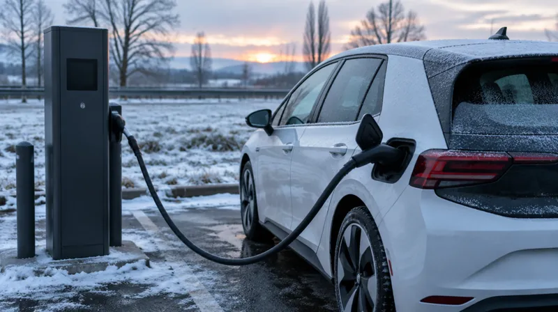 Električni auto sa injem na krovu puni na DC punjaču pored autoputa zimi