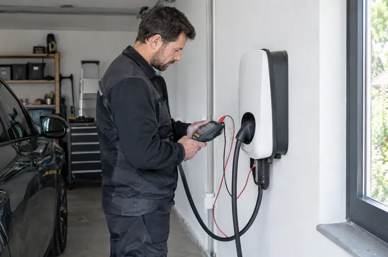 Električar meri instalaciju pored kućnog punjača u garaži