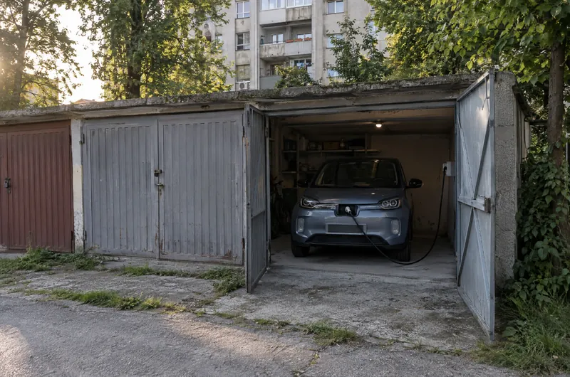 Niz garaža u stambenom bloku, u otvorenoj garaži auto na punjenju