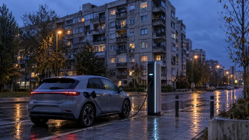 Električni auto na uličnom punjaču ispred stambenih zgrada, uveče posle kiše