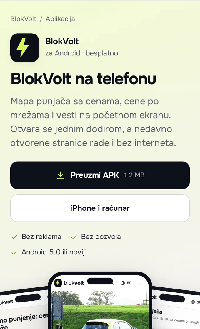Stranica Aplikacija na telefonu: dugme „Preuzmi APK 1,2 MB“ i oznake „Bez reklama“, „Bez dozvola“, „Android 5.0 ili noviji“