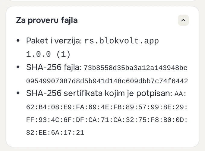 Otvoren deo „Za proveru fajla“ na stranici Aplikacija: paket i verzija, SHA-256 fajla i SHA-256 sertifikata