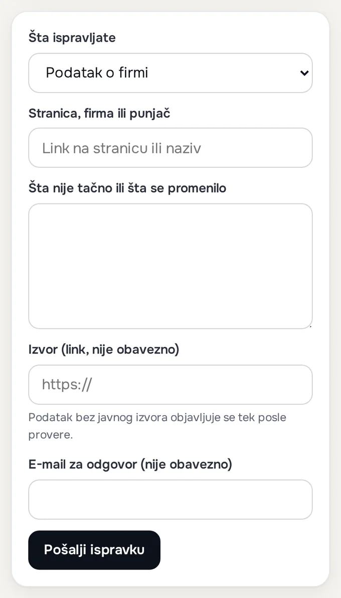 Stranica za ispravke: polja „Šta ispravljate“, „Stranica, firma ili punjač“, „Šta nije tačno ili šta se promenilo“, „Izvor“ i „E-mail za odgovor“