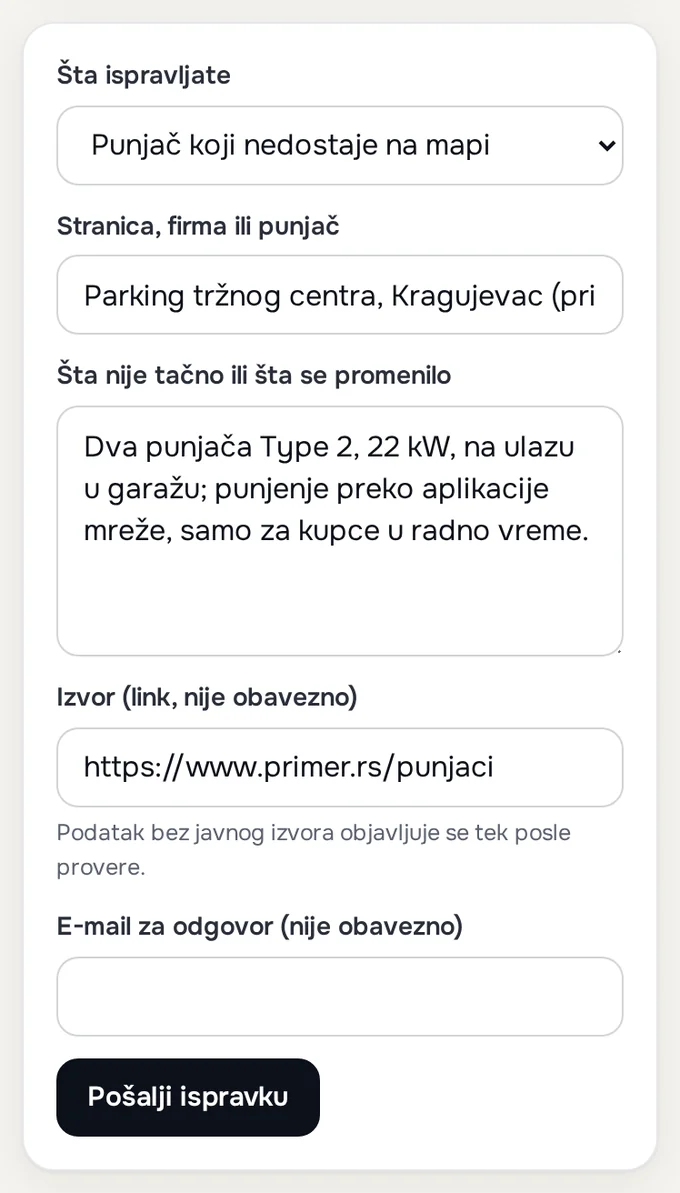 The corrections form with “Charger missing from the map” selected and the fields filled in (example)