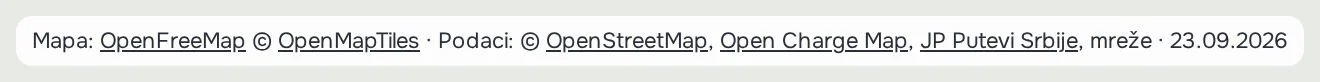 Red u dnu mape: „Mapa: OpenFreeMap © OpenMapTiles · Podaci: © OpenStreetMap, Open Charge Map, JP Putevi Srbije, mreže · 23.09.2026“