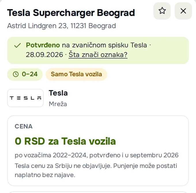 Uključen prekidač „Imam Teslu“ i kartica Supercharger-a u Beogradu sa cenom „0 RSD za Tesla vozila“