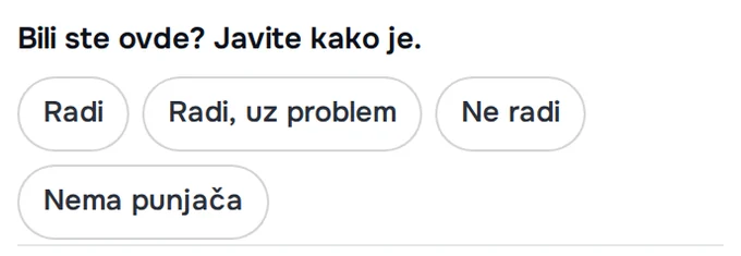 Deo „Iskustva vozača“ na kartici: pitanje „Bili ste ovde? Javite kako je.“ i četiri dugmeta stanja