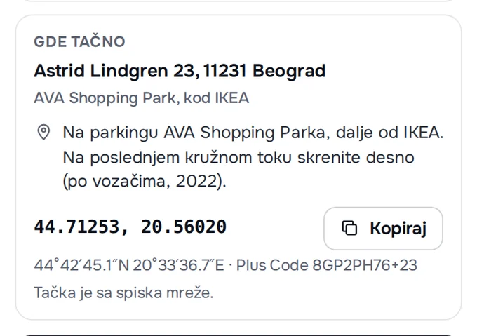 Deo „Gde tačno“ na kartici: adresa, opis mesta, koordinate za kopiranje i napomena odakle je tačka