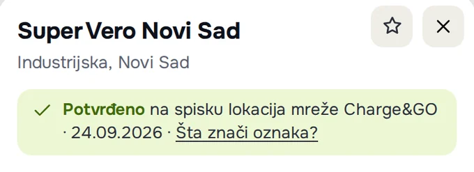 Карточка подтверждённой зарядки: зелёная рамка с галочкой «Подтверждено в списке локаций сети Charge&GO · 24.09.2026»