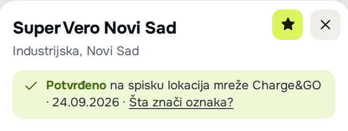 Uključena zvezdica u vrhu kartice punjača, sa natpisom „Ukloni iz omiljenih“