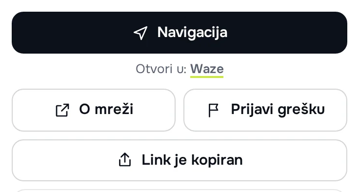 Kartica punjača: dugme „Podeli“ i poruka „Link je kopiran“