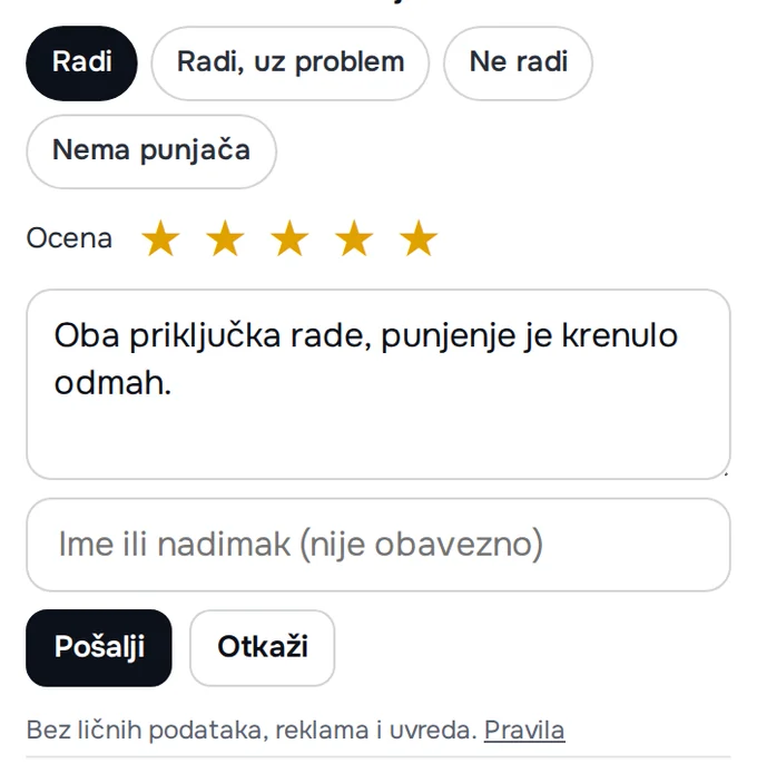 Otvorena forma posle izbora „Radi“: zvezdice, komentar, nadimak i dugmad „Pošalji“ i „Otkaži“ (primer)